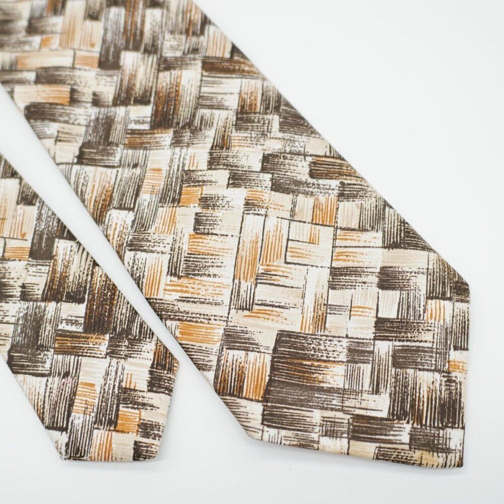 Oleg Cassini Deco Art Abstract‎ Print Brown Polyester Short Wide Tie